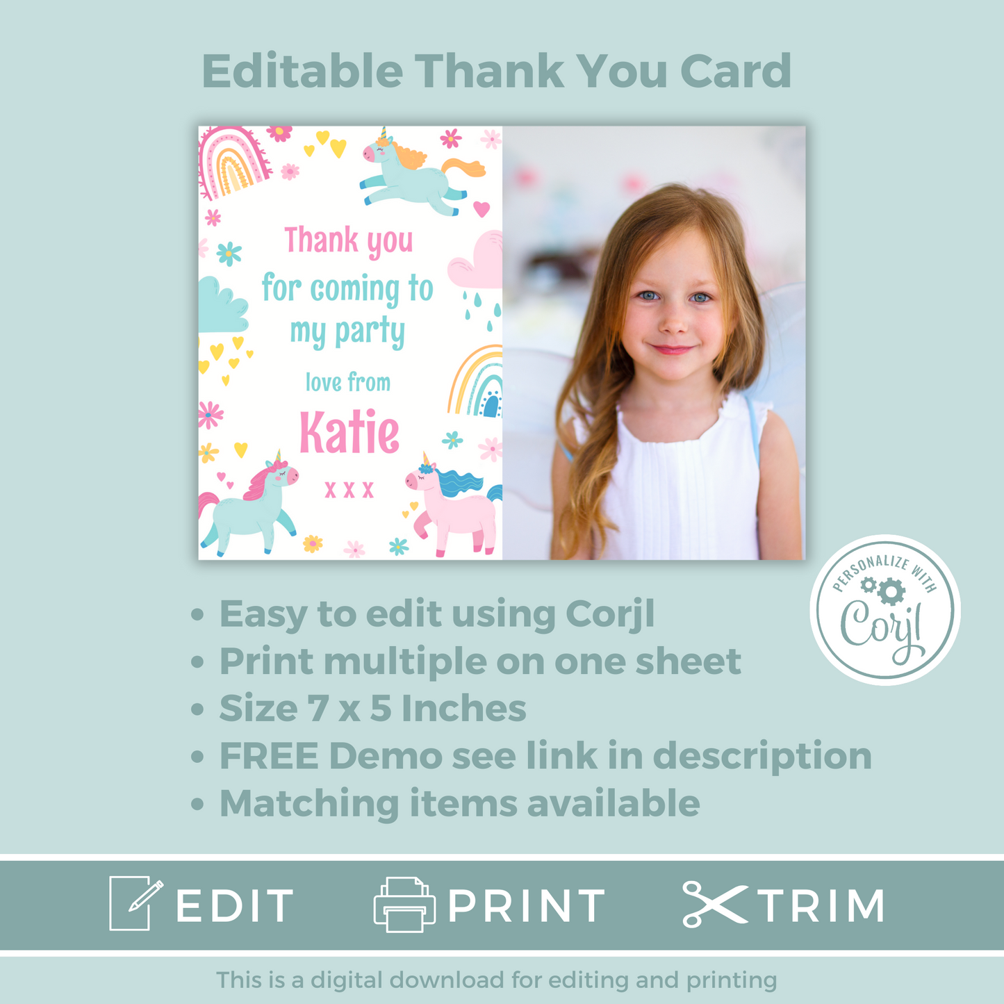 Editable Thank You Card - Unicorn