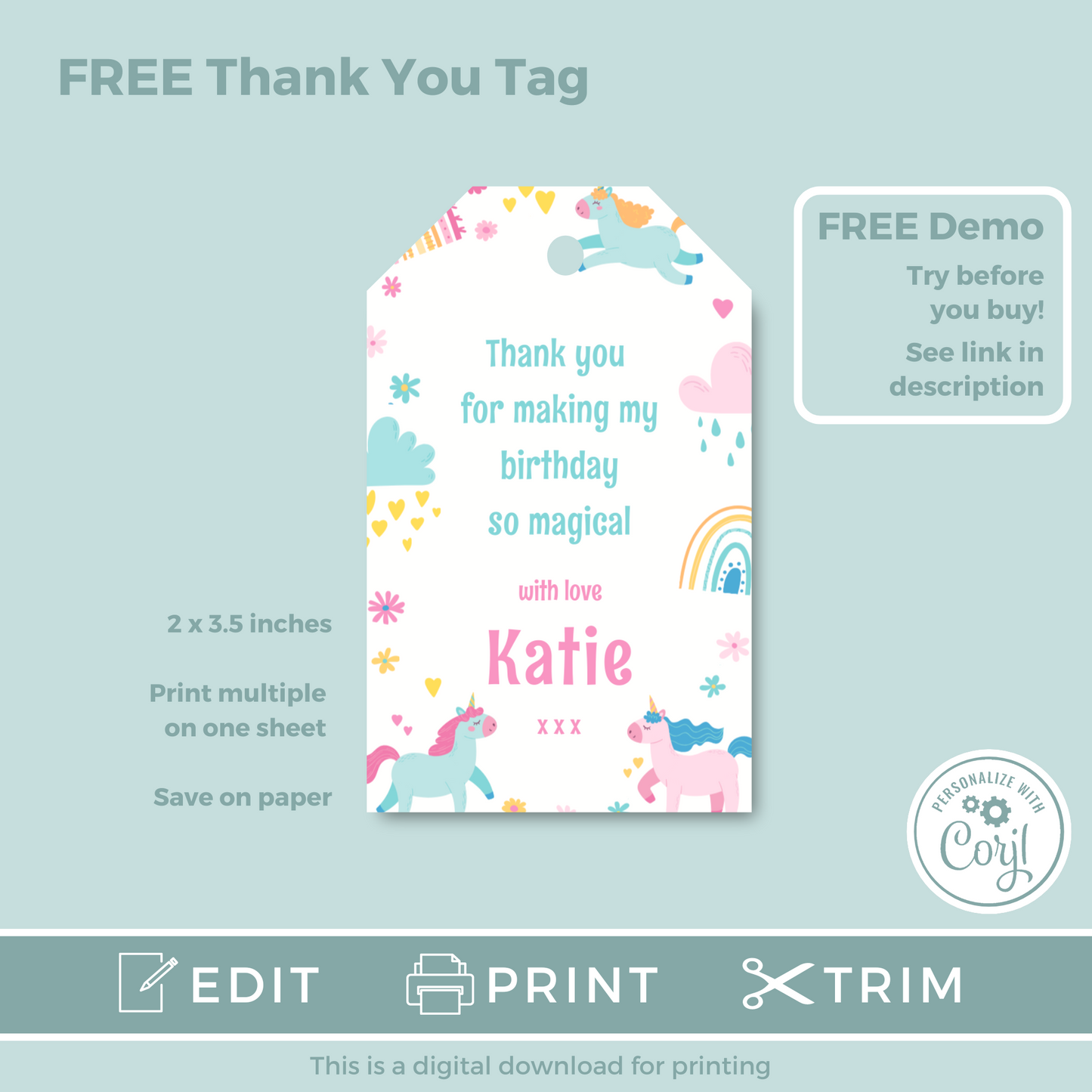 Editable Birthday Invitation and FREE Thank You Tag - Unicorn