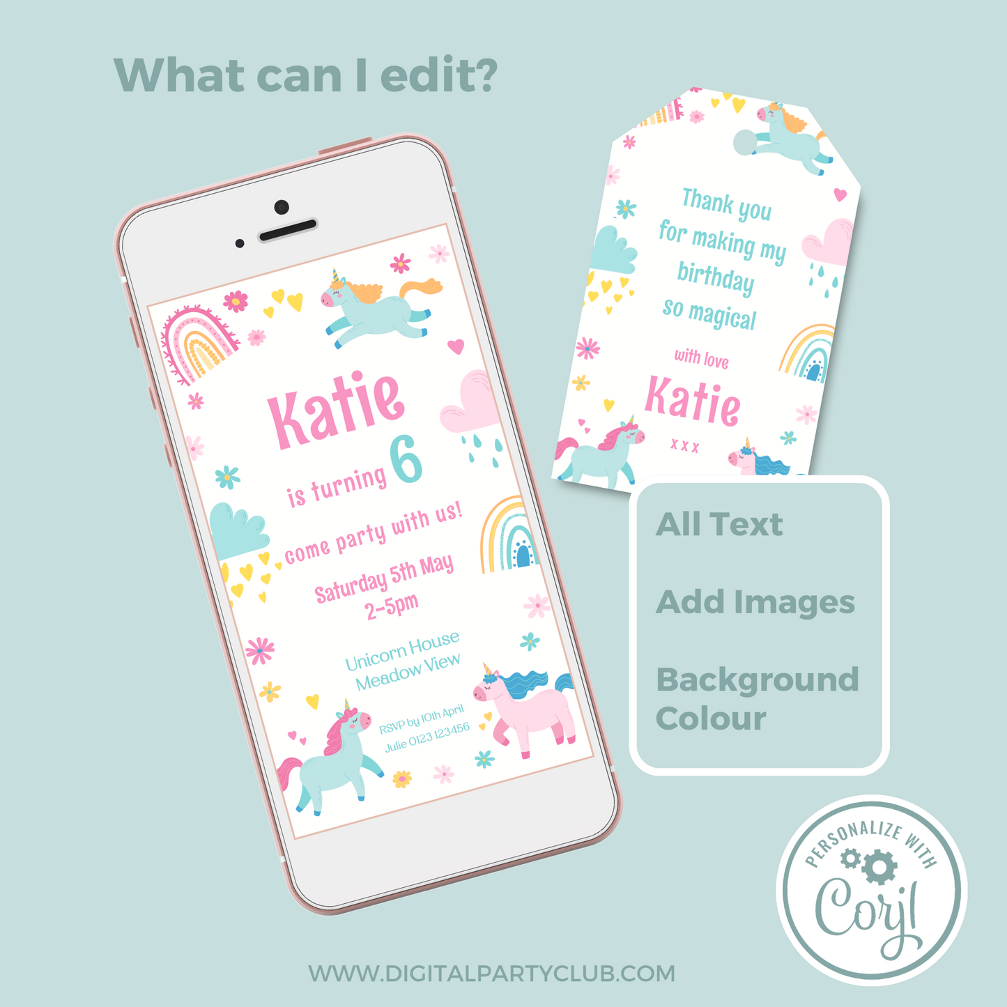 Editable Phone Birthday Invitation and FREE Thank You Tag - Unicorn