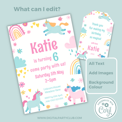 Editable Birthday Invitation and FREE Thank You Tag - Unicorn