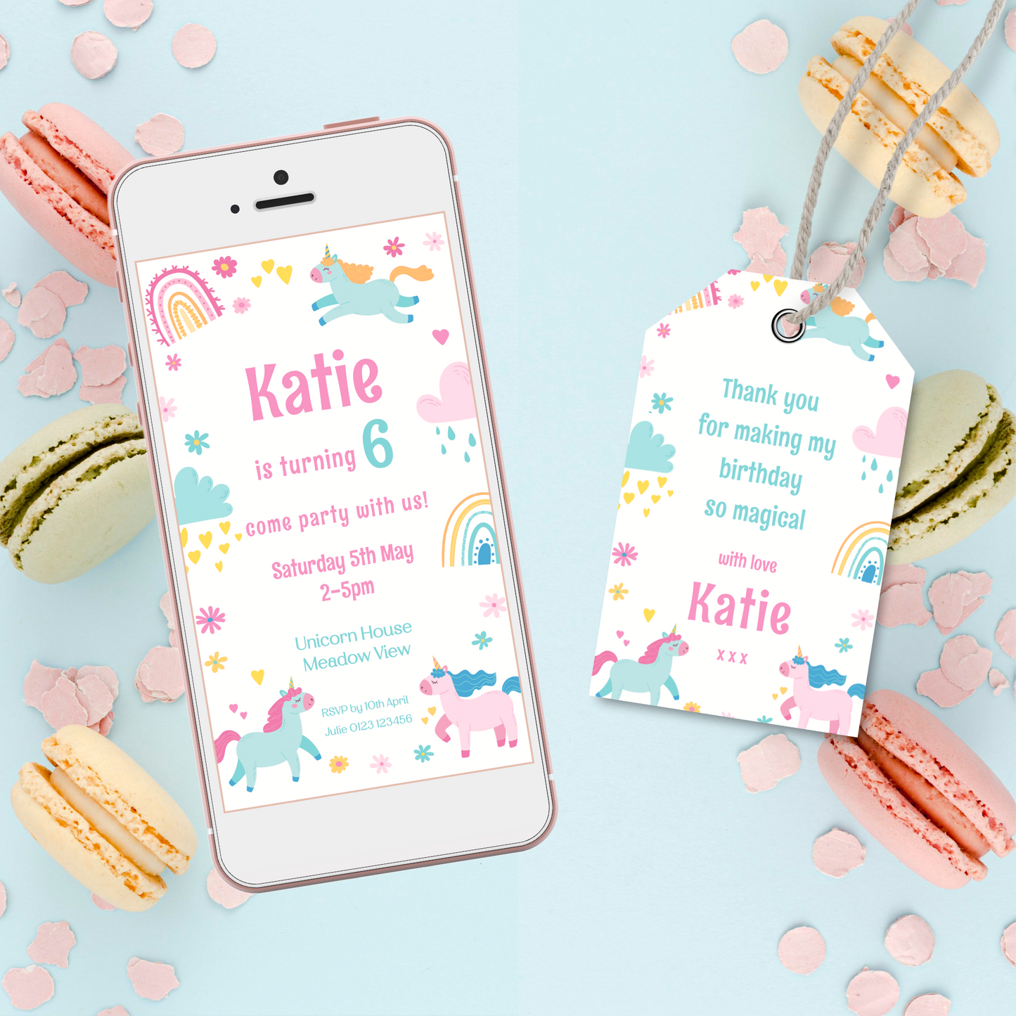 Editable Phone Birthday Invitation and FREE Thank You Tag - Unicorn