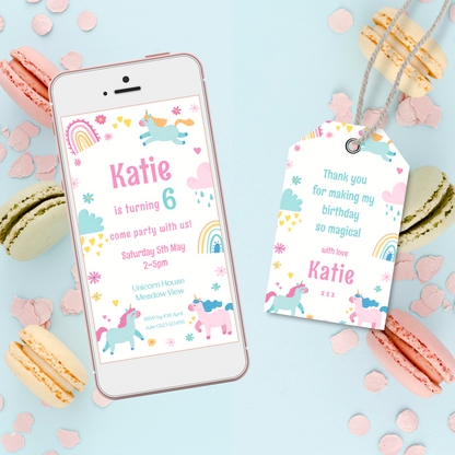 Editable Phone Birthday Invitation and FREE Thank You Tag - Unicorn