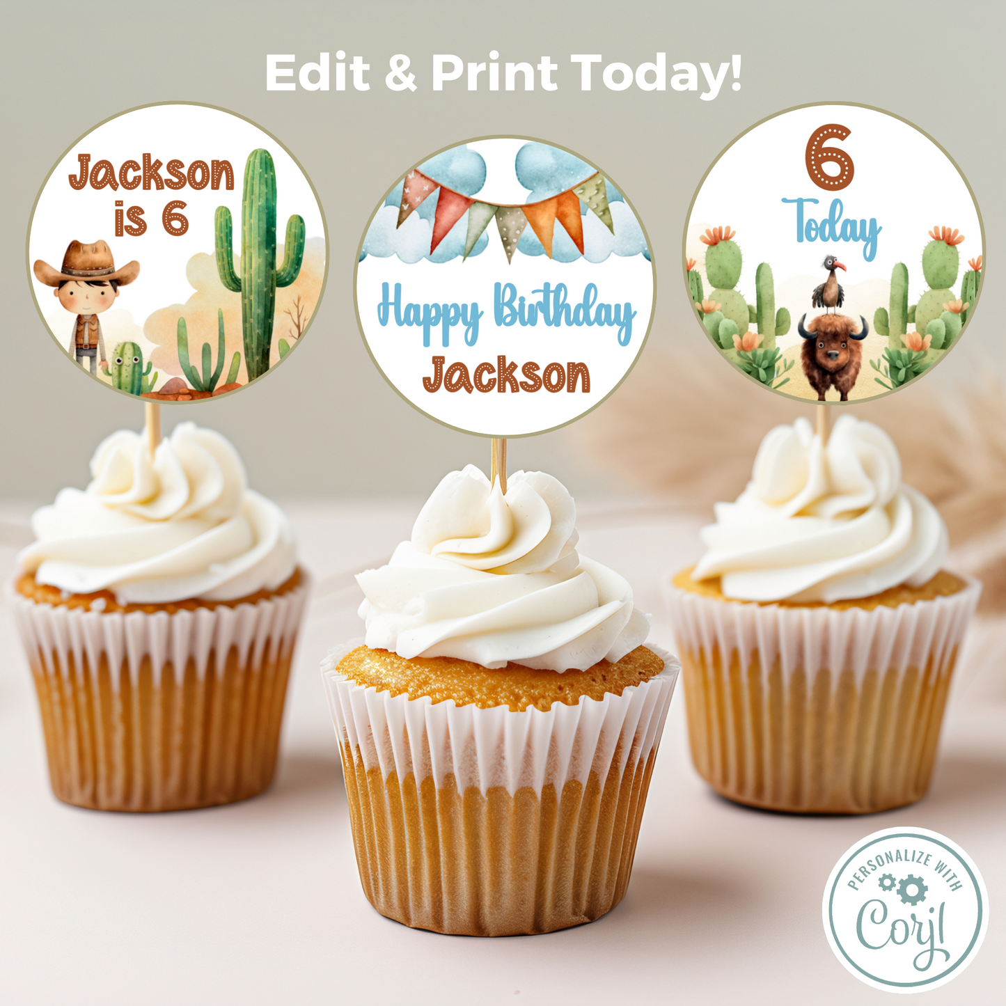 Editable Birthday Cupcake Toppers - Wild West