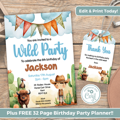 Editable Birthday Invitation and FREE Thank You Tag - Wild West