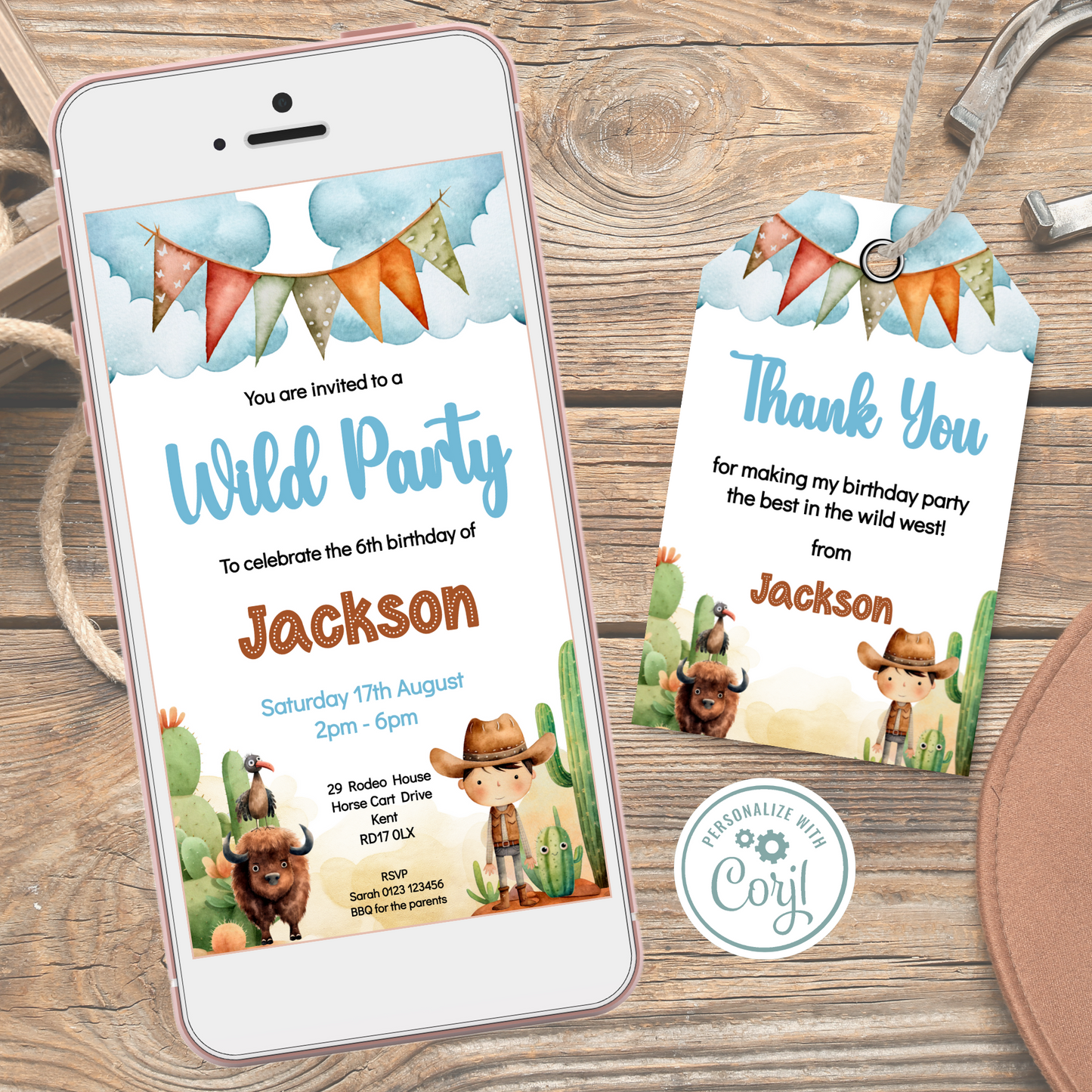 Editable Evite Birthday Invitation and FREE Thank You Tag - Wild West