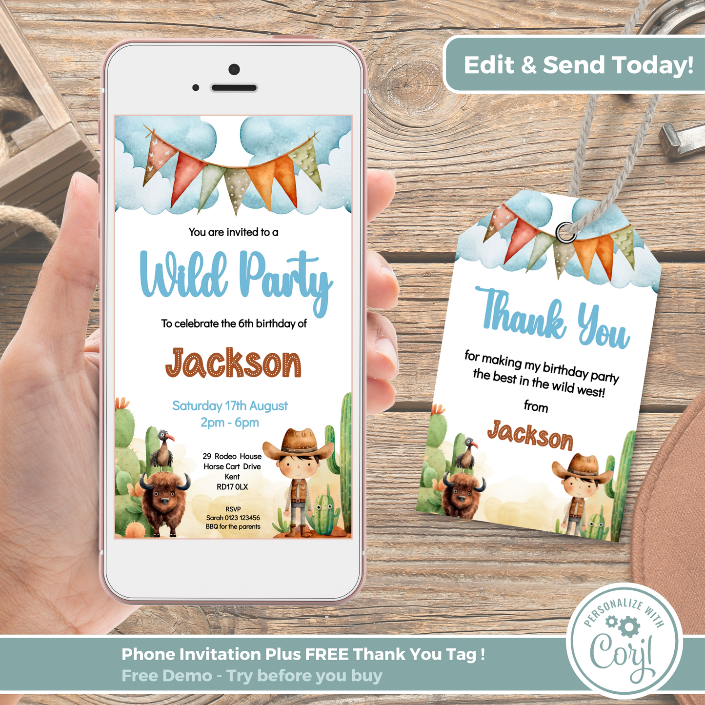 Editable Evite Birthday Invitation and FREE Thank You Tag - Wild West