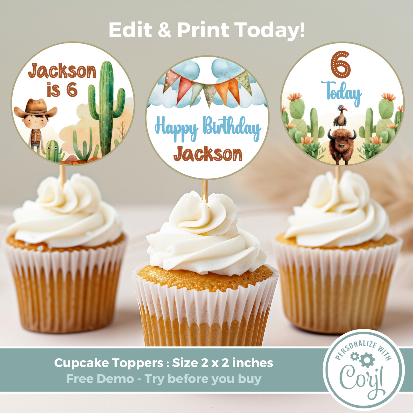 Editable Birthday Cupcake Toppers - Wild West