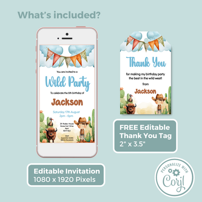 Editable Evite Birthday Invitation and FREE Thank You Tag - Wild West