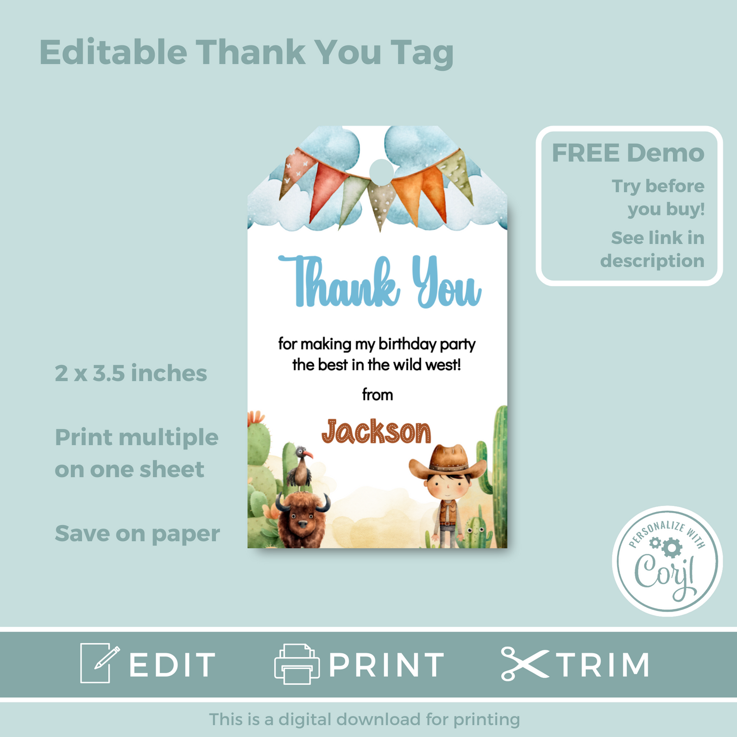 Editable Birthday Thank You Tag - Wild West