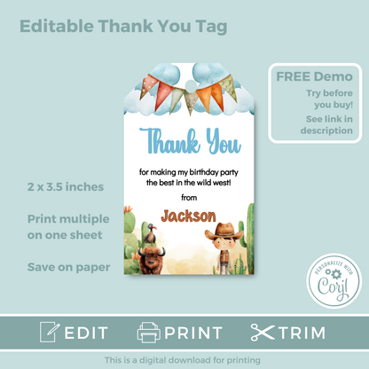 Editable Birthday Thank You Tag - Wild West