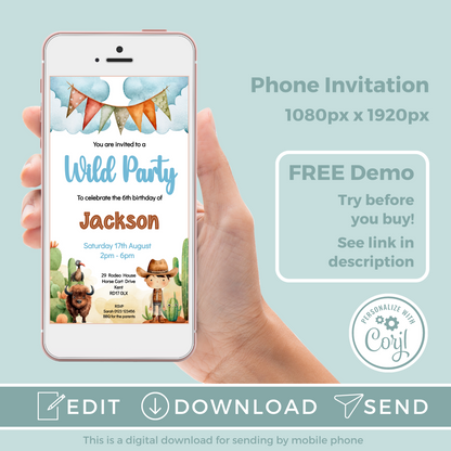 Editable Evite Birthday Invitation and FREE Thank You Tag - Wild West