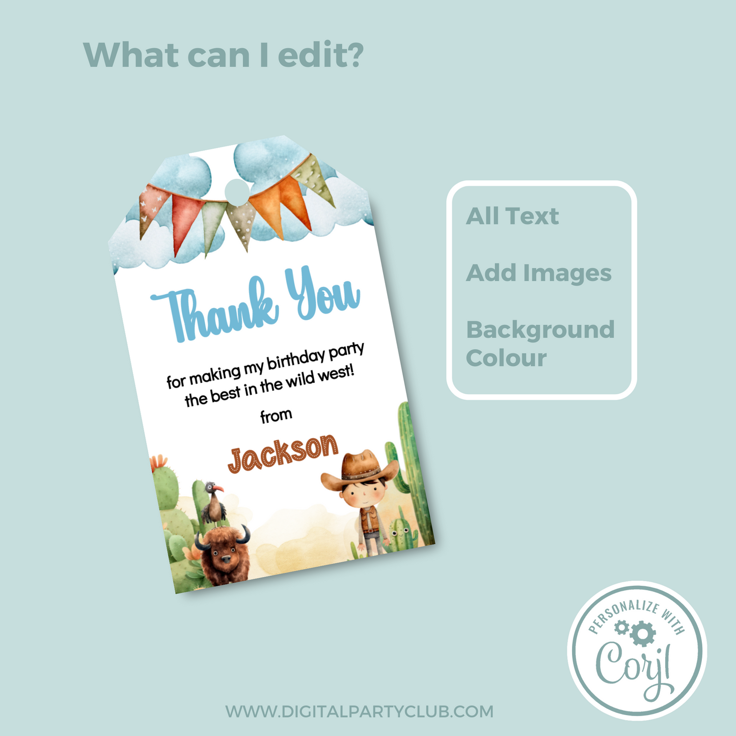 Editable Birthday Thank You Tag - Wild West