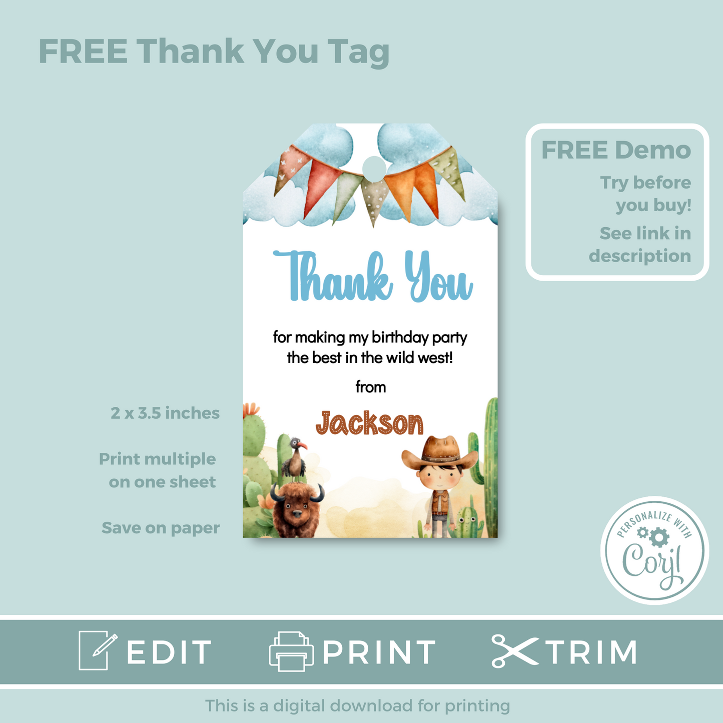 Editable Birthday Invitation and FREE Thank You Tag - Wild West