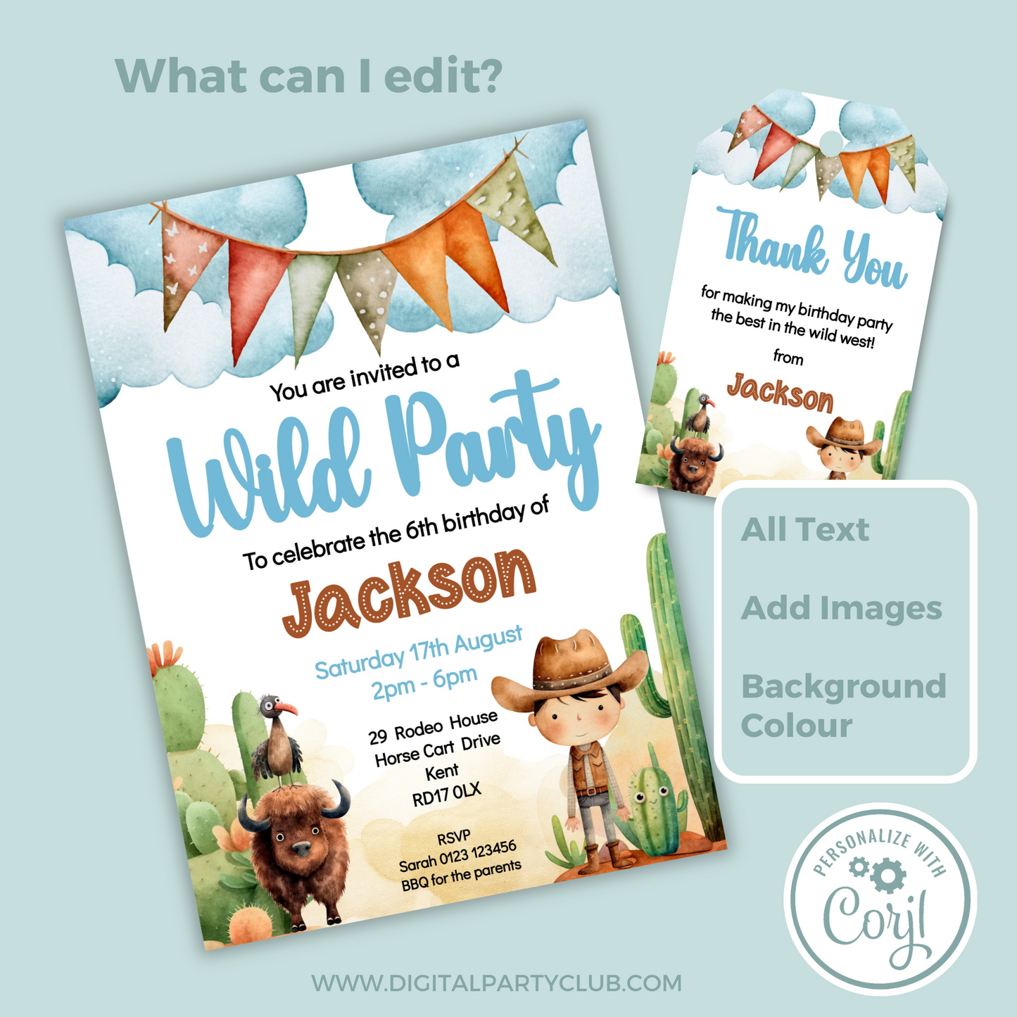 Editable Birthday Invitation and FREE Thank You Tag - Wild West