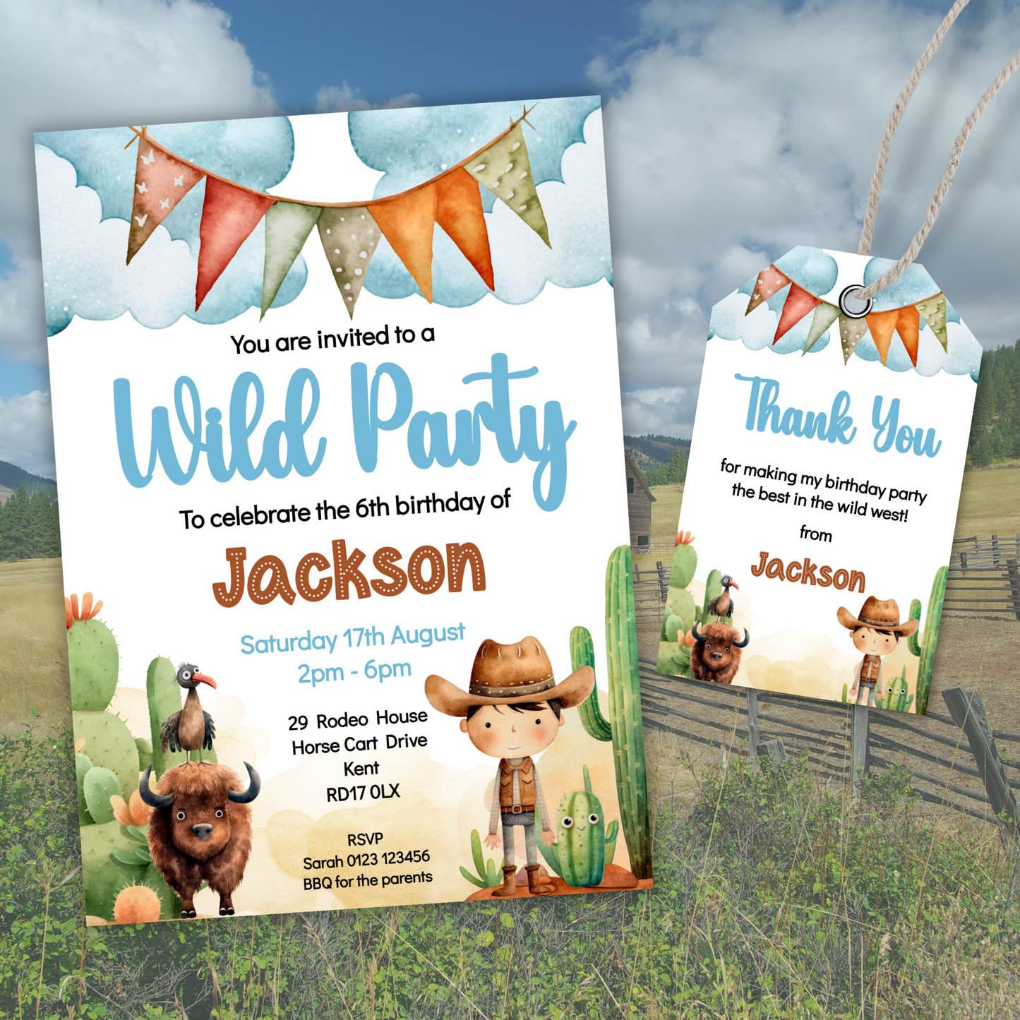 Editable Birthday Invitation and FREE Thank You Tag - Wild West